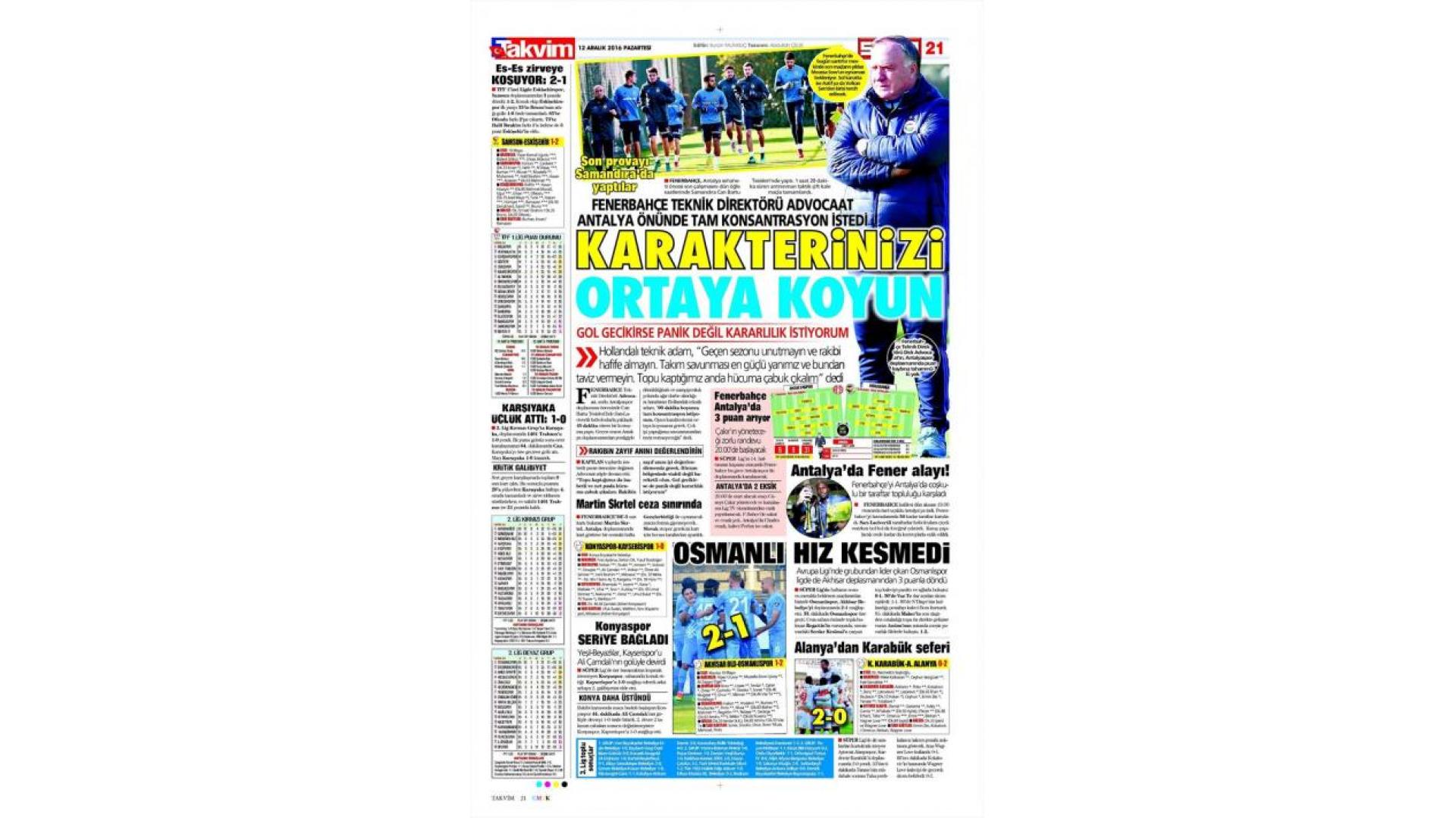 Fenerbahce Gazete Manset 12 Aralik